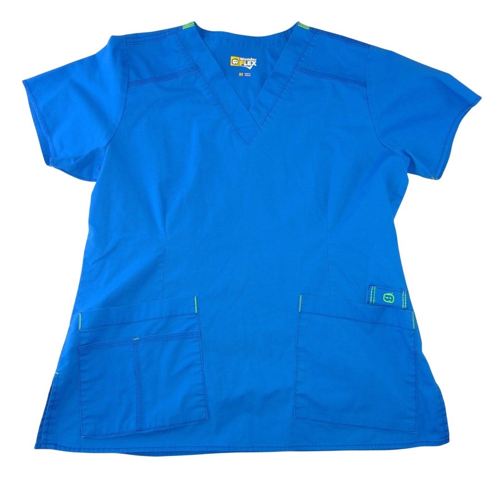 WonderWink WonderFlex Womens Blue V-Neck Scrub Top Short‎ Sleeve Medium 0168